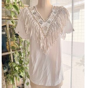 Vintage 80s Western Fringe Medallion White Cream T Shirt Medium Festival Boho
